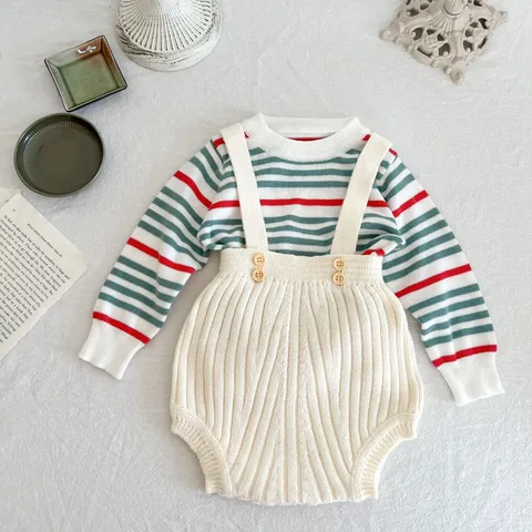 Säugling Baby Strick Strampler Latzhose Und Gestreifter Pullover Set Neugeborene Baumwolle Unisex Herbst Frühling Babybekleidung