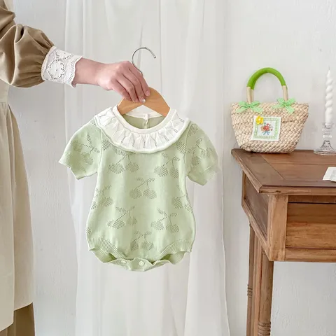 Infant Baby Girls Summer Cotton Knit Short Sleeve Romper Sweet Doll Collar Cherry Bodysuit Casual Outfit