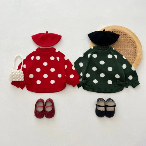 Toddler Girls Polka Dot Knit Sweater Autumn Long Sleeve Crew Neck Pullover Cotton Blend Children Warm Tops