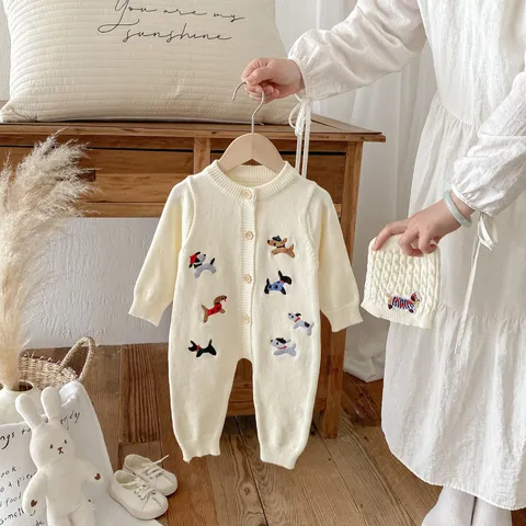 Infant Baby Knit Romper Cute Puppy Embroidery Long Sleeve Hooded Jumpsuit Autumn Newborn Baby Clothes