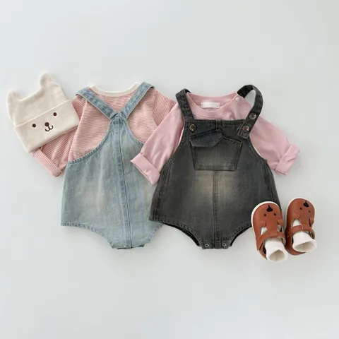 Infant Baby Denim Bib Overalls Romper Cute Front Pocket Casual Cotton Infant Jumpsuit Newborn Clothing