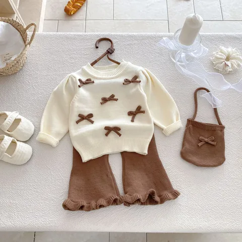 Kleinkind Baby Mädchen Strickpullover Top Schlaghose Passende Tasche Süße Schleife Einfarbig Weich Warm Herbst Winter Kinderbekleidung