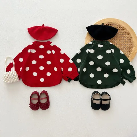 Toddler Girls Polka Dot Knit Sweater Autumn Long Sleeve Crew Neck Pullover Cotton Blend Children Warm Tops