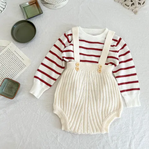 Säugling Baby Strick Strampler Latzhose Und Gestreifter Pullover Set Neugeborene Baumwolle Unisex Herbst Frühling Babybekleidung