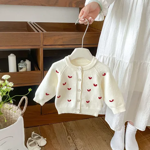 Baby Girls Knit Cardigan Sweater Cute Heart Embroidery Long Sleeve Button Down Top Infant Toddler Korean Style Outerwear