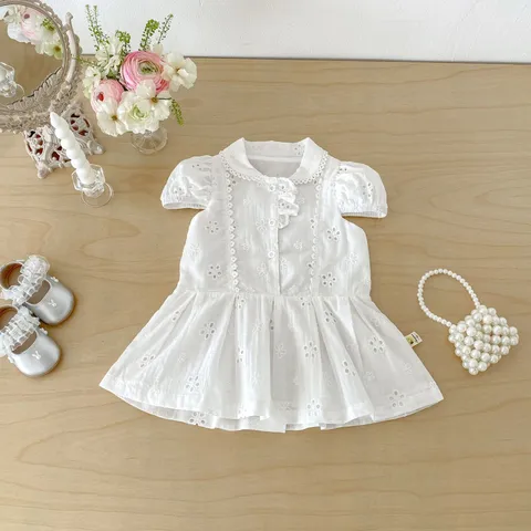 Baby Meisjes Zomer Korte Mouw Poppenkraag Jurk Peuter Preppy Stijl Katoen Jacquard Prinses Jurk