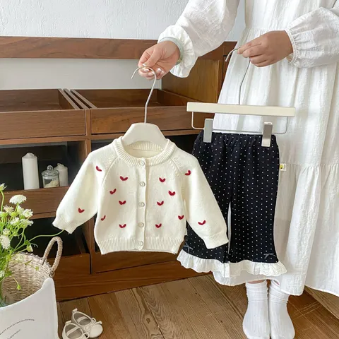 Baby Girls Knit Cardigan Sweater Cute Heart Embroidery Long Sleeve Button Down Top Infant Toddler Korean Style Outerwear