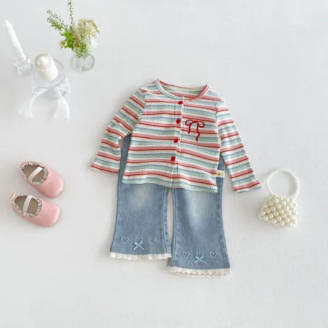 Toddler Baby Girls Knitted Cotton Cardigan Cute Striped Single Breasted Long Sleeve Crew Neck Casual Jacket Top