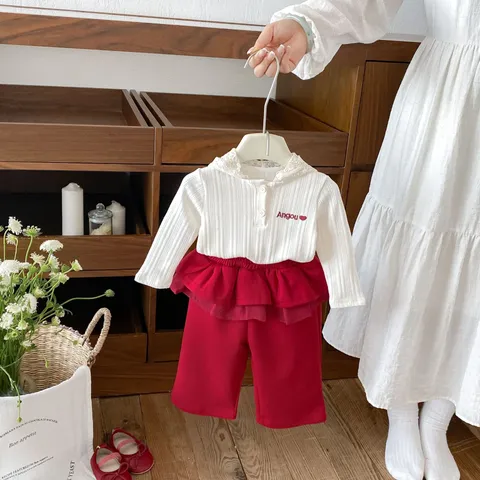 Toddler Baby Girls Cotton Rib Knit Lace Hooded Sweatshirt And Ruffle Pants Autumn Casual Outfit Set