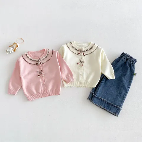 Infant Baby Girls Cute Knit Cardigan Korean Style Ruffle Collar Cherry Button Long Sleeve Warm Sweater Infant Toddler Coat