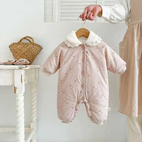 Infant Baby Girls Winter Warm Thickened Cotton Padded Romper Cute Floral Long Sleeve Jumpsuit Toddler Outerwear