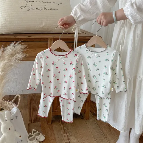 Toddler Girls Cotton Long Sleeve Floral Print Top And Bottom Set Children Casual Home Wear Pajamas