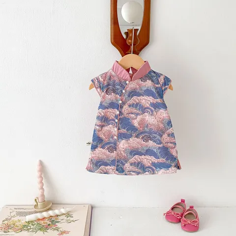 Girls Chinese Style Cheongsam Dress Summer Vintage Floral Print A-Line Princess Dress Toddler Kids Party Hanfu Clothes