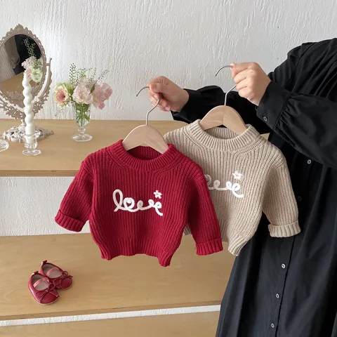 Infant Baby Cotton Knit Sweater Cute Letter Embroidery Long Sleeve Crew Neck Pullover Tops Kids Fall Winter Clothes