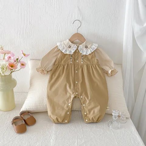 Neugeborenes Baby Mädchen Koreanischer Stil Baumwollzweiteiler Langarm Puppenkragen Stickerei Strampler Top Kleinkind Herbstkleidung