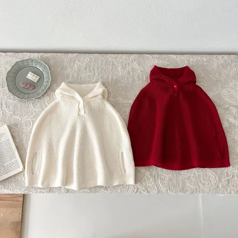 Infant Baby Girls Knit Hooded Cape Coat Autumn Cute Solid Color Sleeveless Cardigan Toddler Casual Outerwear Sweater