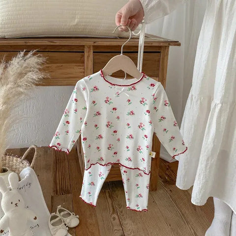 Toddler Girls Cotton Long Sleeve Floral Print Top And Bottom Set Children Casual Home Wear Pajamas