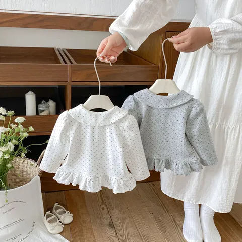Infant Baby Girls Long Sleeve T-Shirt Cute Polka Dot Doll Collar Cotton Casual Top Toddler Fall Clothes