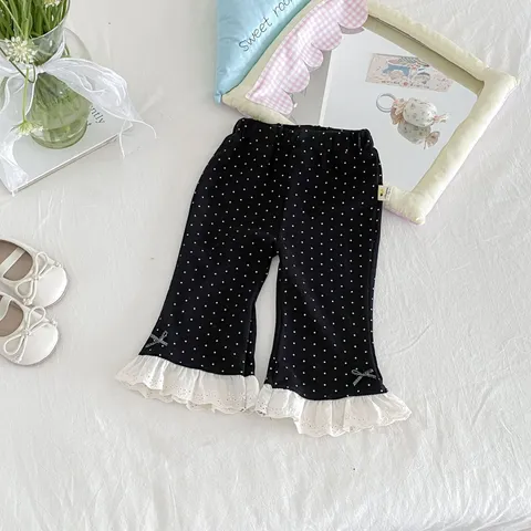 Toddler Girls Flare Pants Casual Cotton Polka Dot Bow Lace Trim Cute Korean Style Kids Long Pants