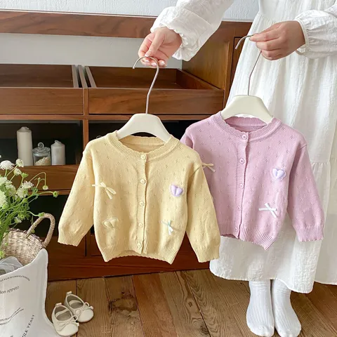 Baby Girls Heart Bowknot Knit Cardigan Long Sleeve Crew Neck Single-Breasted Viscose Sweater Jacket Infant