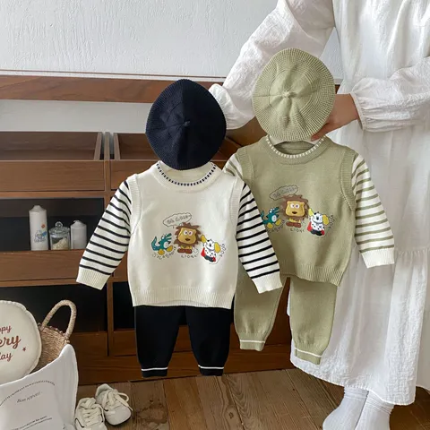 Baby Boys Knit Sweater Pants Hat Three Piece Set Cute Cartoon Embroidery Long Sleeve Pullover Infant Toddler Fall Outfit