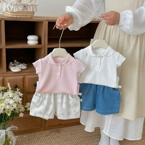 Girls Summer Cotton Ribbed Polo Collar Short Sleeve T-Shirt Infant Toddler Casual Solid Color Basic Tops
