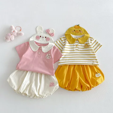 Conjunto de Camiseta de Manga Corta y Shorts Lantern de Algodón de Verano para Niñas Lindo Aplique de Animales Ropa de Bebé