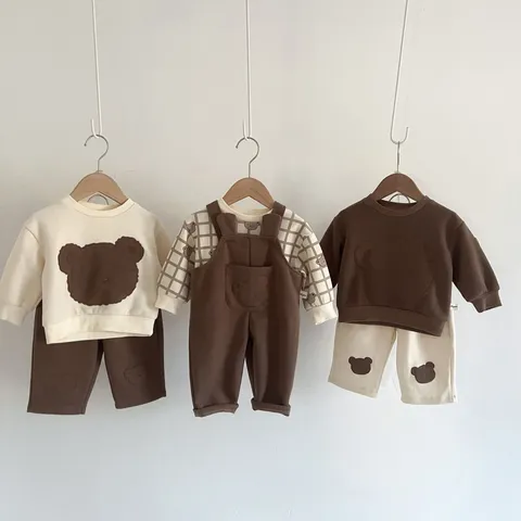 Baby Kinder Süß Cartoon Bär Patchwork Pullover Sweatshirt Latzhose Hose Kleinkind Herbst Casual Outfit Set