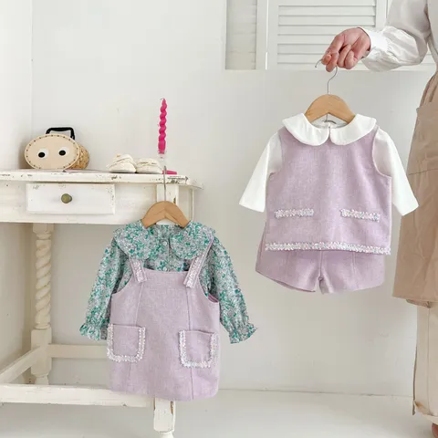 Baby Girls Tweed Style Outfit Set Toddler Autumn Vest Shorts Floral Shirt Long Sleeve Blouse Kids Elegant Party Clothing