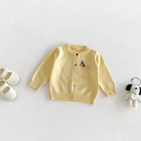 Infant Baby Girls Cute Dachshund Embroidery Knit Cardigan Single Breasted Long Sleeve Sweater Coat Fall Outerwear