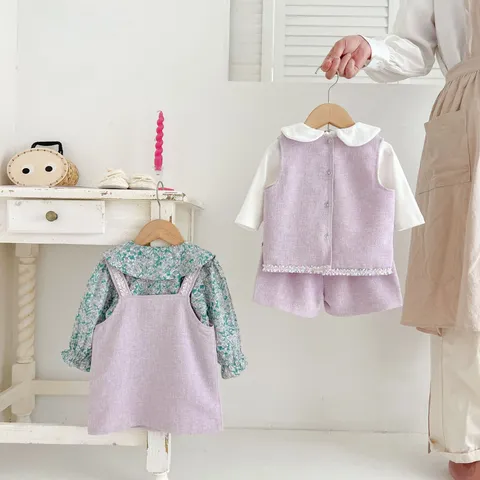 Baby Girls Tweed Style Outfit Set Toddler Autumn Vest Shorts Floral Shirt Long Sleeve Blouse Kids Elegant Party Clothing
