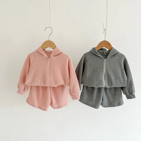 Infant Baby Waffle Hooded Jacket And Pants Top And Bottom Outfit Long Sleeve Zip Fall Children Clothing