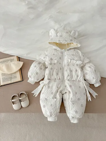 Infant Winter White Duck Down Romper Cute Bear Ear Hooded Warm Princess Jumpsuit Toddler Snowsuit Outerwear
