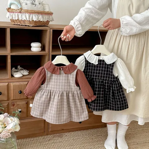 Girls Cute Spring Doll Collar Long Sleeve Blouse And Classic Plaid Vest Dress Kids Sweet Casual Outfit