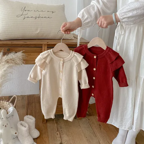 Newborn Baby Knit Romper Autumn Long Sleeve Fly Sleeve Solid Color Cute Infant Jumpsuit One Piece Clothes
