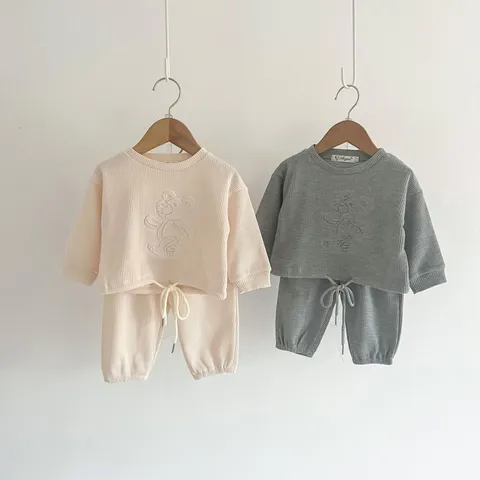 Infant Baby Cotton Waffle Sweatshirt Casual Sportswear Two Piece Set Long Sleeve Pullover Top And Long Pants Kids Outfit