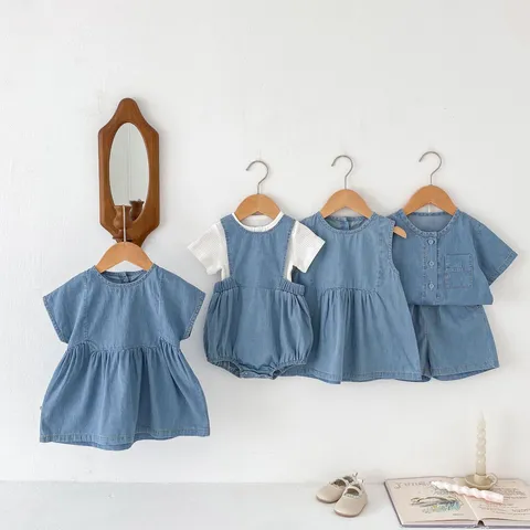 Infant Baby Denim Clothing Set Summer Casual Short Sleeve Shirt Shorts Romper Dress