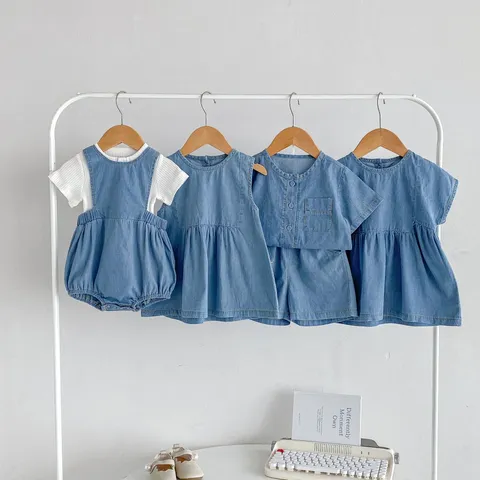 Infant Baby Denim Clothing Set Summer Casual Short Sleeve Shirt Shorts Romper Dress