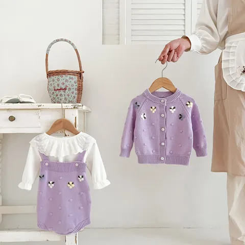 Baby Girls Cotton Knit Sweater Cardigan And Strap Romper Two-Piece Set Toddler Floral Embroidered Cute Outfit