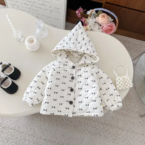 Baby Girls Cute Bow Print Cotton Padded Jacket Winter Warm Hooded Outerwear Infant Toddler Thickened Coat