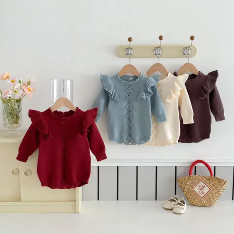 Infant Baby Girl Knit Romper Cute Hollow Out Diamond Long Sleeve Fly Sleeve Ruffle Jumpsuit Autumn Winter Baby Clothes