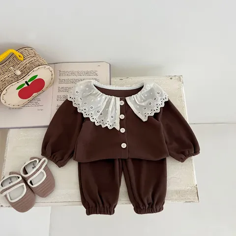 Bimba Neonata Autunno Tessuto Waffle Manica Lunga Cardigan Top E Pantaloni Lunghi Grazioso Collo In Pizzo Vestito Quotidiano