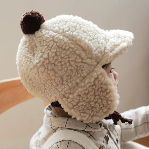 Infant Winter Warm Fleece Earflap Hat Cute Baby Bear Plush Duckbill Cap Toddler Windproof Thickened Cold Weather Hat