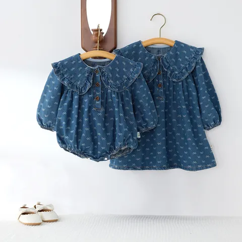 Baby Girls Denim Romper Dress Sister Matching Outfits Cute Bowknot Long Sleeve Toddler Cotton Rompers Children Clothing