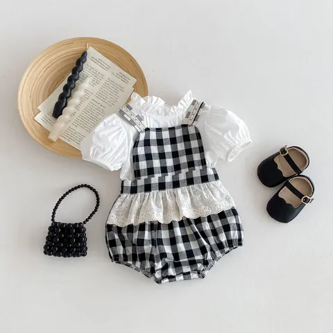 Säugling Baby Mädchen Sommer Outfit Set Karo Träger Romper Und Rüschenärmel Weißes Top Kleinkind Süße Baumwolle Kleidung