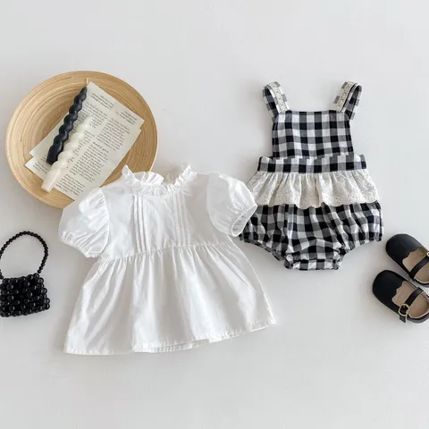 Säugling Baby Mädchen Sommer Outfit Set Karo Träger Romper Und Rüschenärmel Weißes Top Kleinkind Süße Baumwolle Kleidung