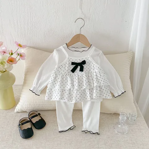 Sweet Polka Dot Camisole Lettuce Edge Base Shirt Leggings Set Toddler Baby Girls Outfit Autumn Cotton Clothes
