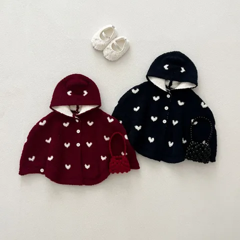 Baby Girls Winter Warm Hooded Cape Infant Cute Heart Pattern Velvet Cloak Toddler Thickened Outerwear Jacket
