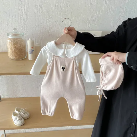Infant Baby Cotton Romper Bib Pants Set Cute Cat Patch Long Sleeve Undershirt Matching Hat Fall Toddler Clothing