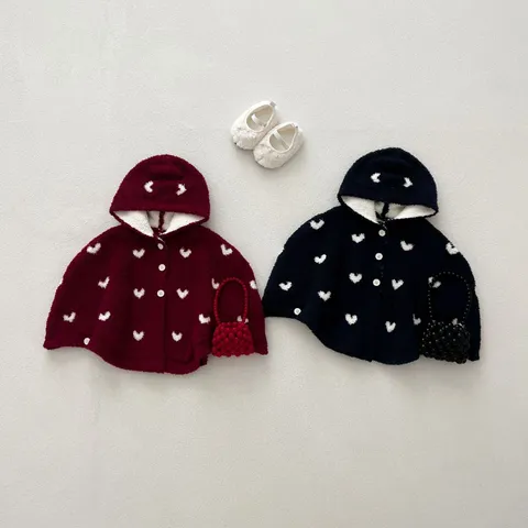 Baby Girls Winter Warm Hooded Cape Infant Cute Heart Pattern Velvet Cloak Toddler Thickened Outerwear Jacket